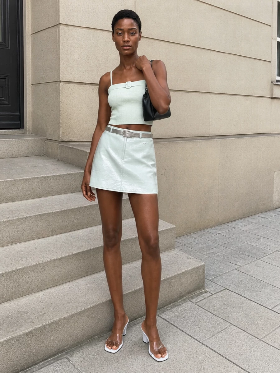 Courreges mint mini skirt outfit wedge sandals