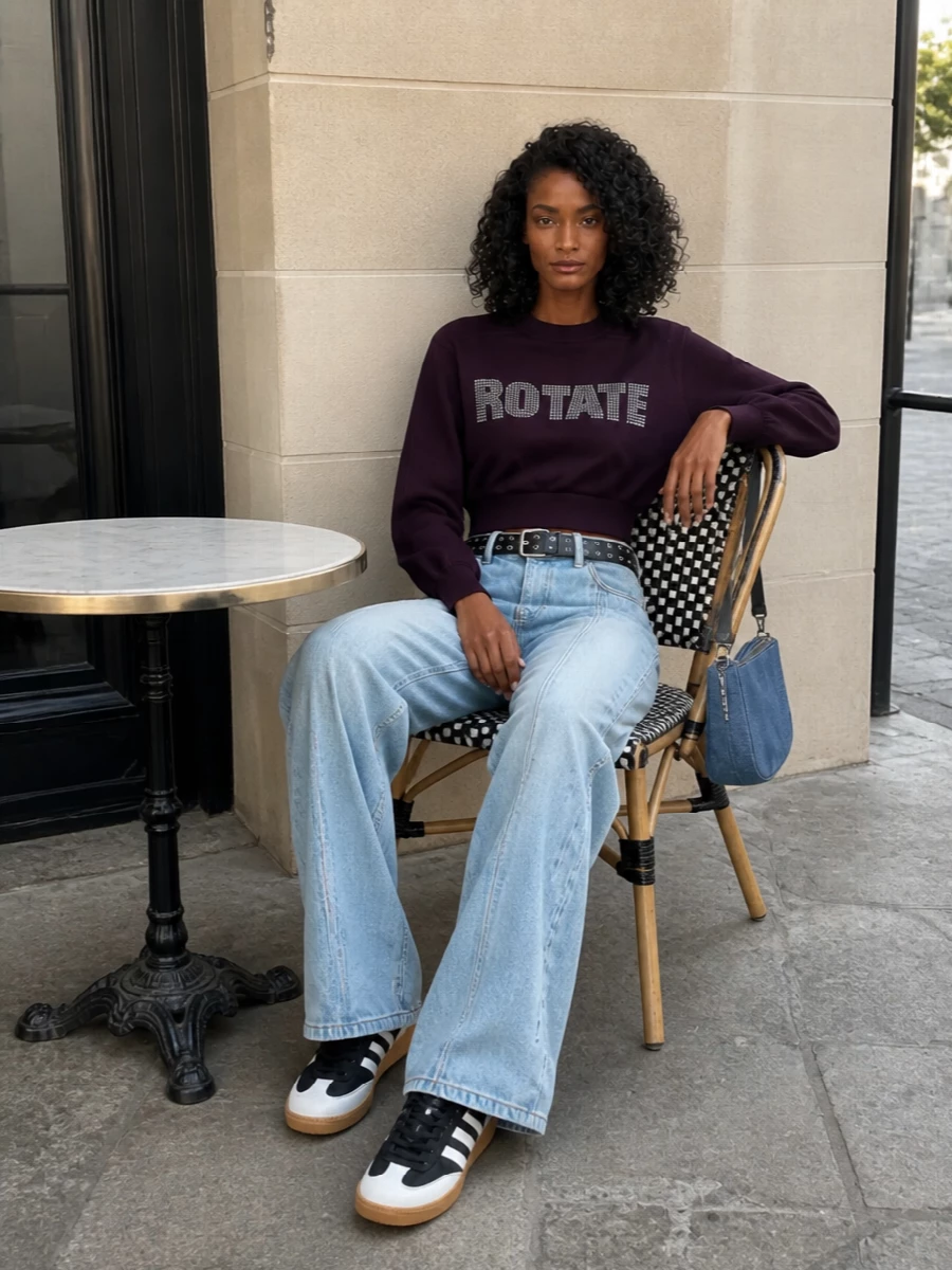 Rotate wide leg jeans plum knit adidas sneakers