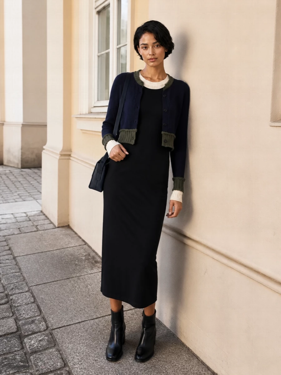 Here the Marni cardigan acts as a sharp, cropped layer over the two-tone knit midi, with the navy and olive quietly framing that black and cream column. Sleek ankle boots and a structured navy shoulder bag keep everything clean and city-ready, so the interest sits in proportion and subtle texture rather than loud colour. I chose the dress route because it lets the cardigan’s cropped shape and contrast trim really define the waistline in one uninterrupted knit silhouette, instead of breaking it up with separate top and bottom.