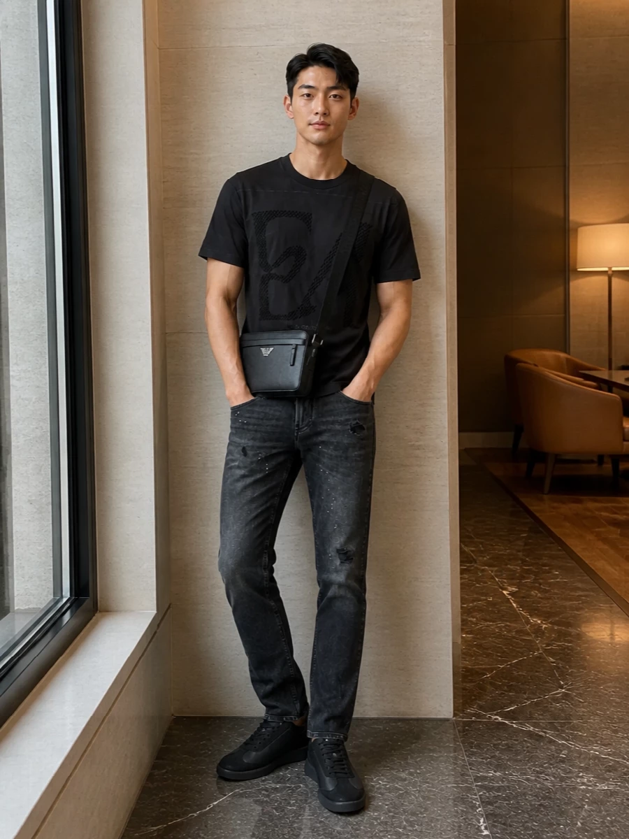 A monochrome city pairing that runs the Emporio Armani logo tee straight into washed-black denim for a sharp, street-led attitude. Tonal black sneakers keep the line clean and low-key, while the crossbody adds just enough hardware and branding to feel intentional rather than loud. It is an easy off-duty uniform that still looks considered from brunch to late-night rides home.