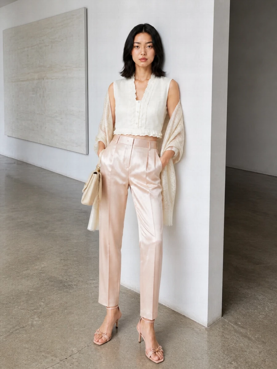 Soft white and champagne-blush play together in a quiet, romantic palette that feels luminous for summer evenings. The cropped ruffled blouse meets clean satin tailoring, so the high waist and straight leg keep the proportions elegant rather than sweet. Crystalline details, fine straps and a structured cream bag finish the outfit with discreet glow rather than overt sparkle.