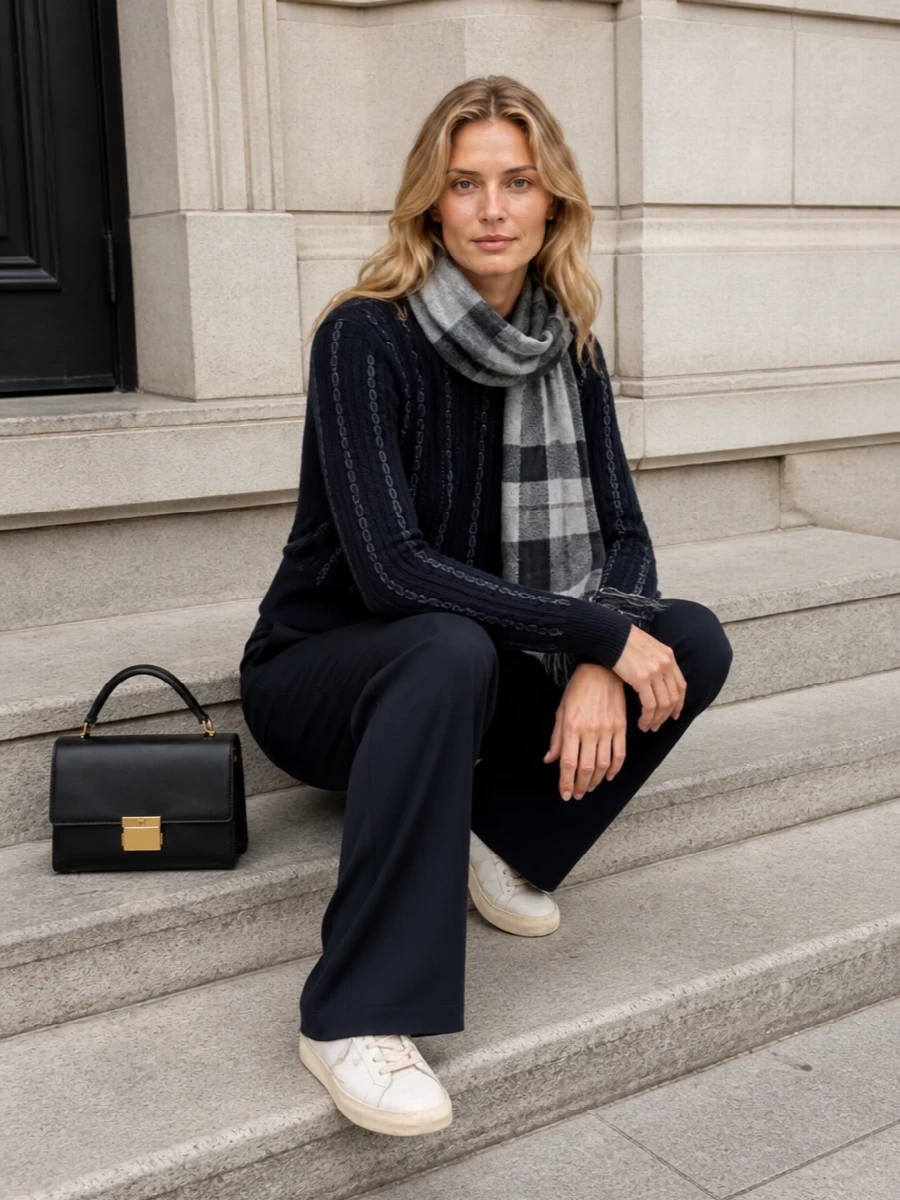Golden goose navy sweater tailored trousers outfit