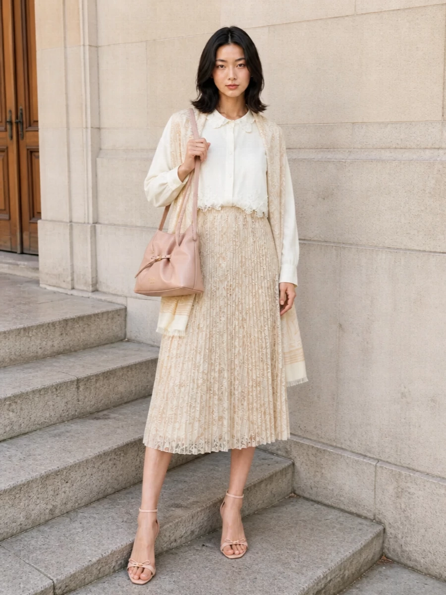 Ermanno scervino lace midi skirt blush heels outfit