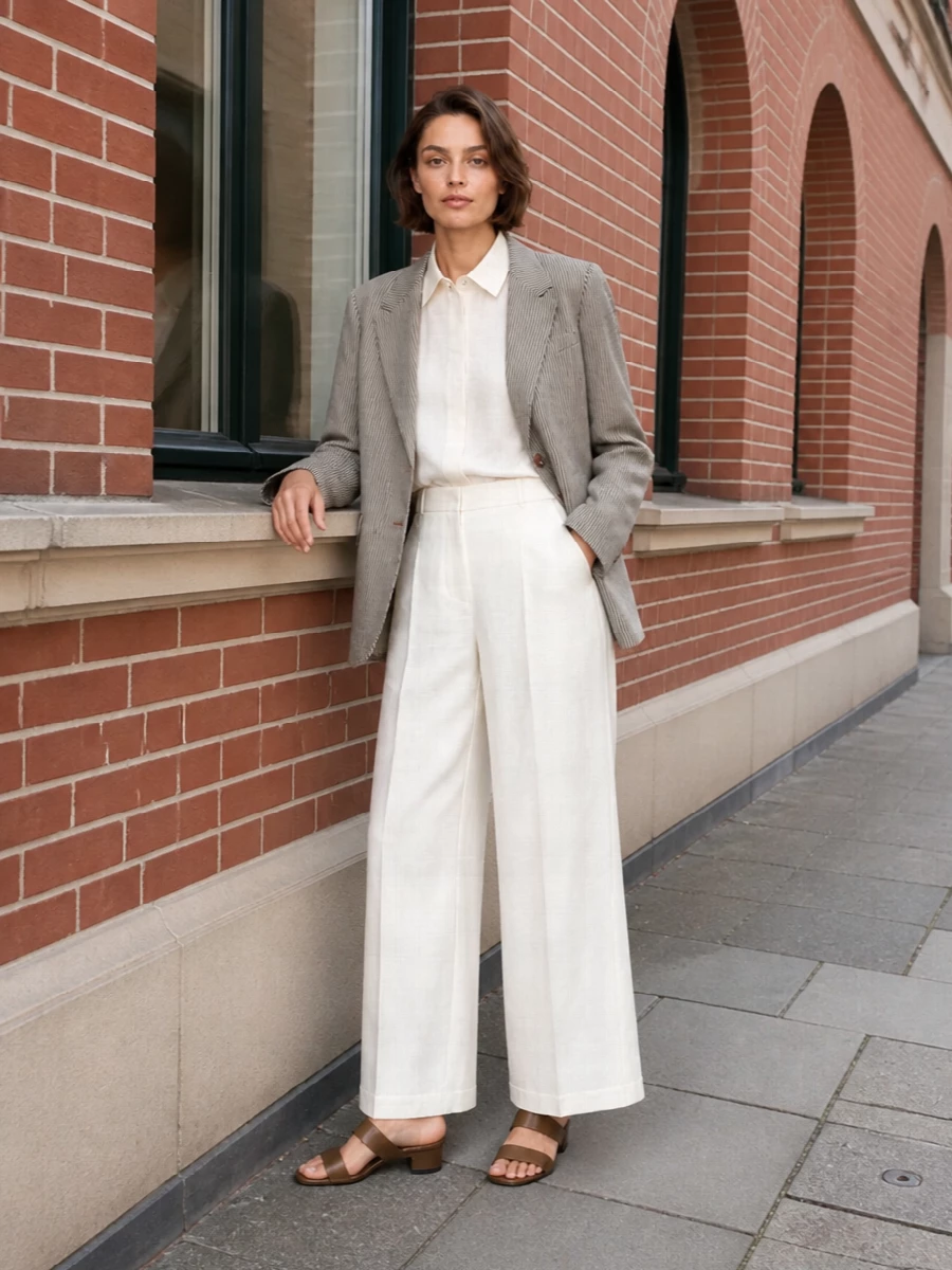 Alysi striped blazer ivory wide leg trousers outfit