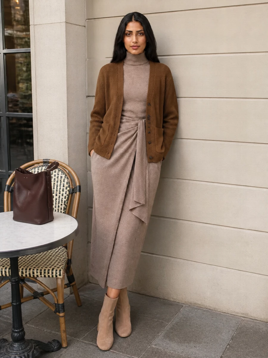 I’m building around the knit dress path rather than a top and bottom, because a single clean column under the ribbed camel cardigan jacket feels more coherent and quietly refined than doubling up on separates. The taupe wrap knit dress, camel suede ankle boots and chocolate Max Mara bucket bag create a warm neutral story that reads modern, city-ready and softly sculpted. It is an easy desk-to-dinner combination where proportion and texture do the work rather than visible logos or contrast color.