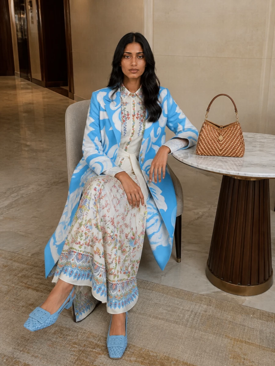 Etro blue floral coat ivory maxi dress outfit
