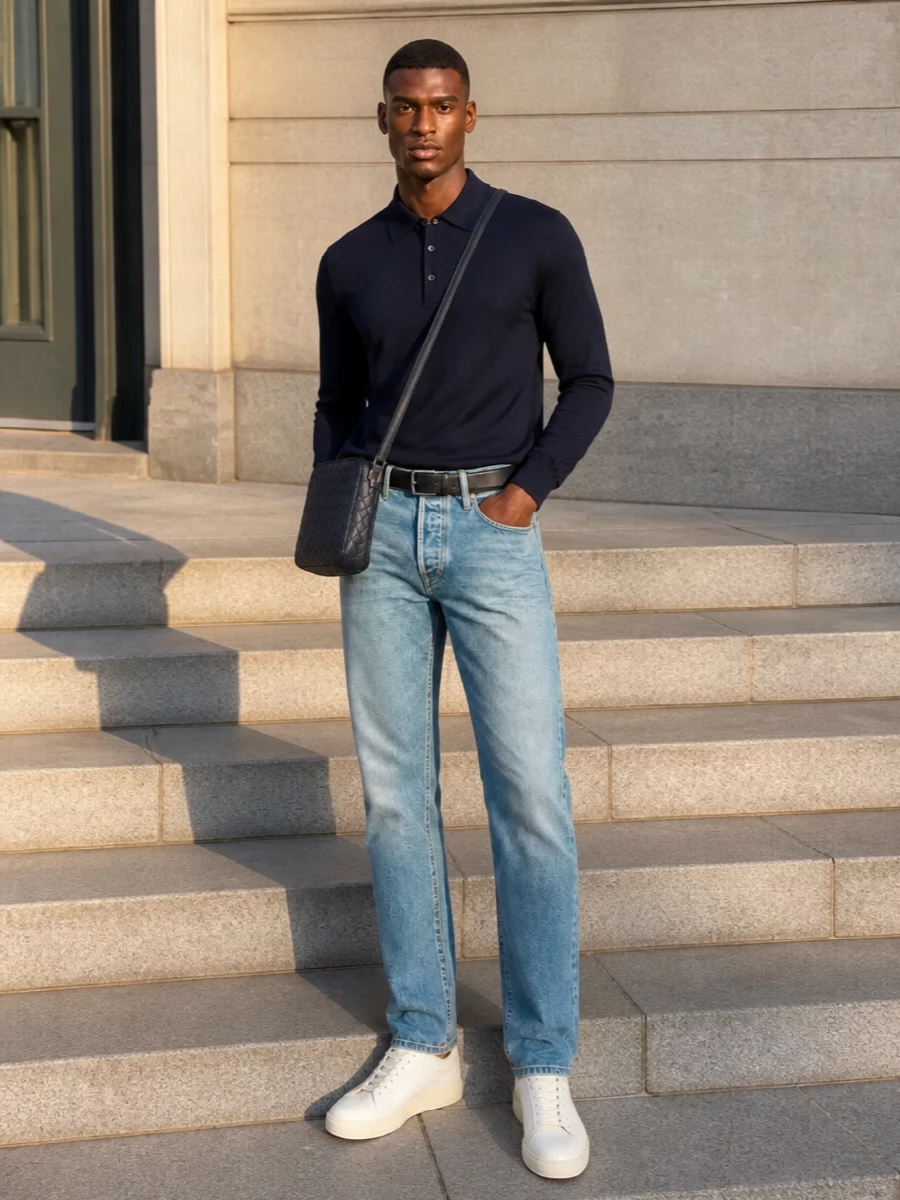 This look leans into elevated off-duty: the deep navy Tom Ford polo is grounded by straight-leg faded blue jeans for an easy, confident silhouette. Ivory leather sneakers keep the mood light and fresh for SS, while a navy intrecciato crossbody and a discreet black belt bring in just enough texture and craft to signal quiet luxury without disturbing the minimal line.