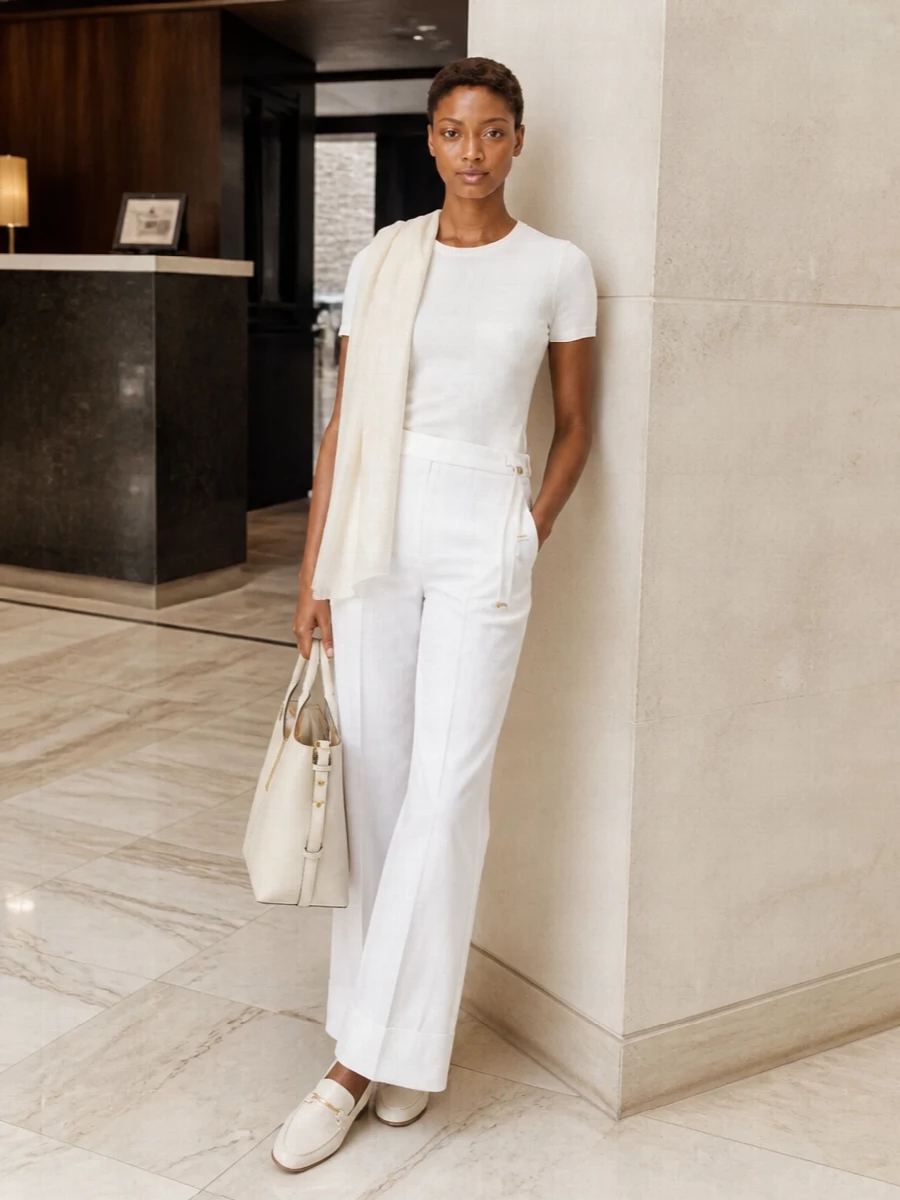 A crisp white tee meets softly architectural wide-leg trousers for a monochrome palette that feels clean but not stark. Cream leather loafers and a structured matching tote keep the mood refined yet relaxed, ideal for warm-season city days. The light scarf adds just enough texture and warmth to soften the lines without disturbing the minimalist clarity.