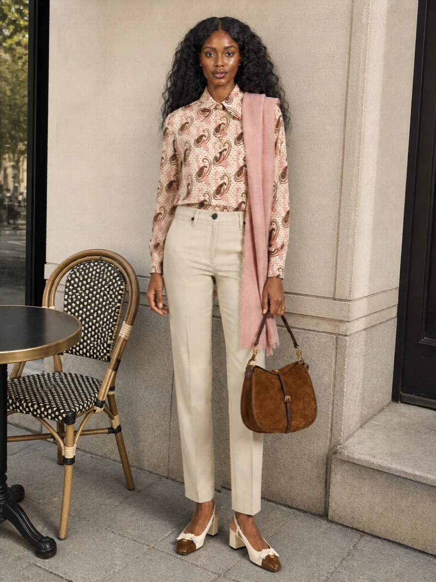 Etro paisley shirt beige trousers slingbacks