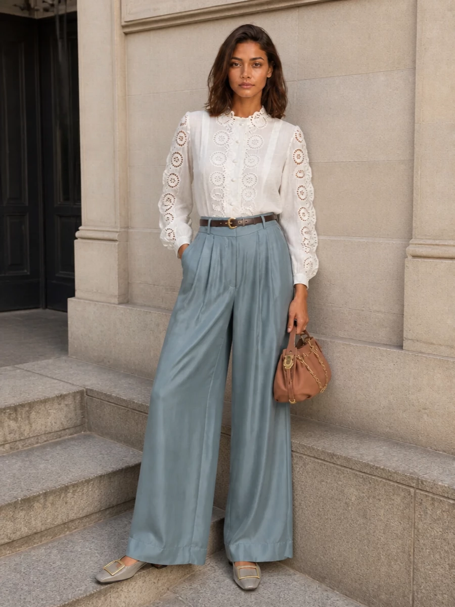 Zimmermann wide leg trouser lace blouse outfit
