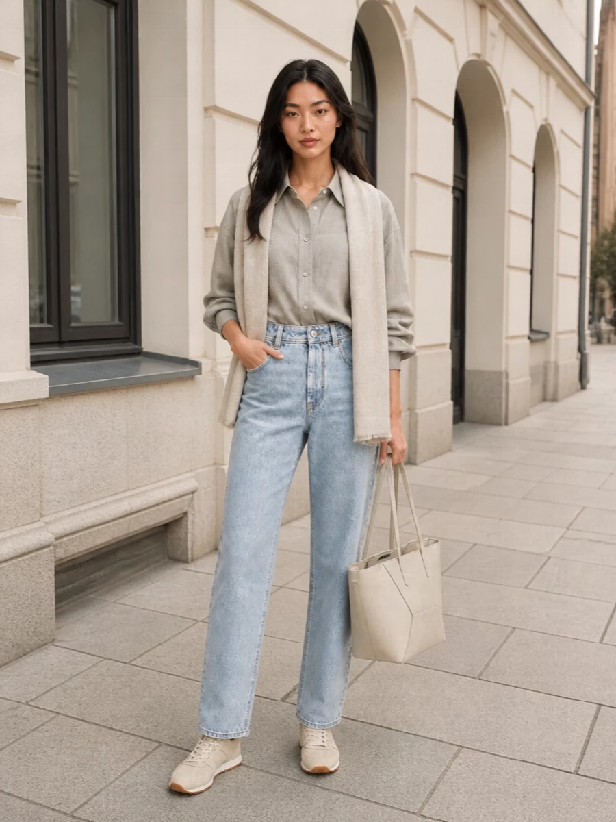 Pale ice-blue denim meets a fluid stone-grey shirt for a quietly refined take on off-duty dressing. Cream-beige sneakers keep the mood relaxed but considered, while a warm ivory tote and gauzy stole pull the neutrals together into a calm, polished palette. The result is an easy, high-rise silhouette that feels light, modern and deliberately understated for warm days in the city or away.