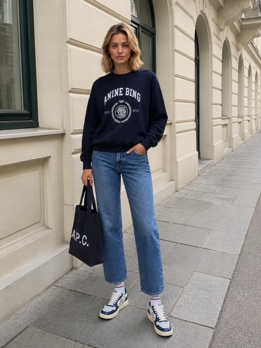Navy-on-denim keeps this collegiate sweatshirt grounded, with straight-leg jeans giving that easy, borrowed-from-campus line. Retro-court sneakers and striped socks lean into the sport references without feeling literal, while the structured navy tote finishes everything with a clean, Paris-meets-LA attitude that still feels strictly off duty.