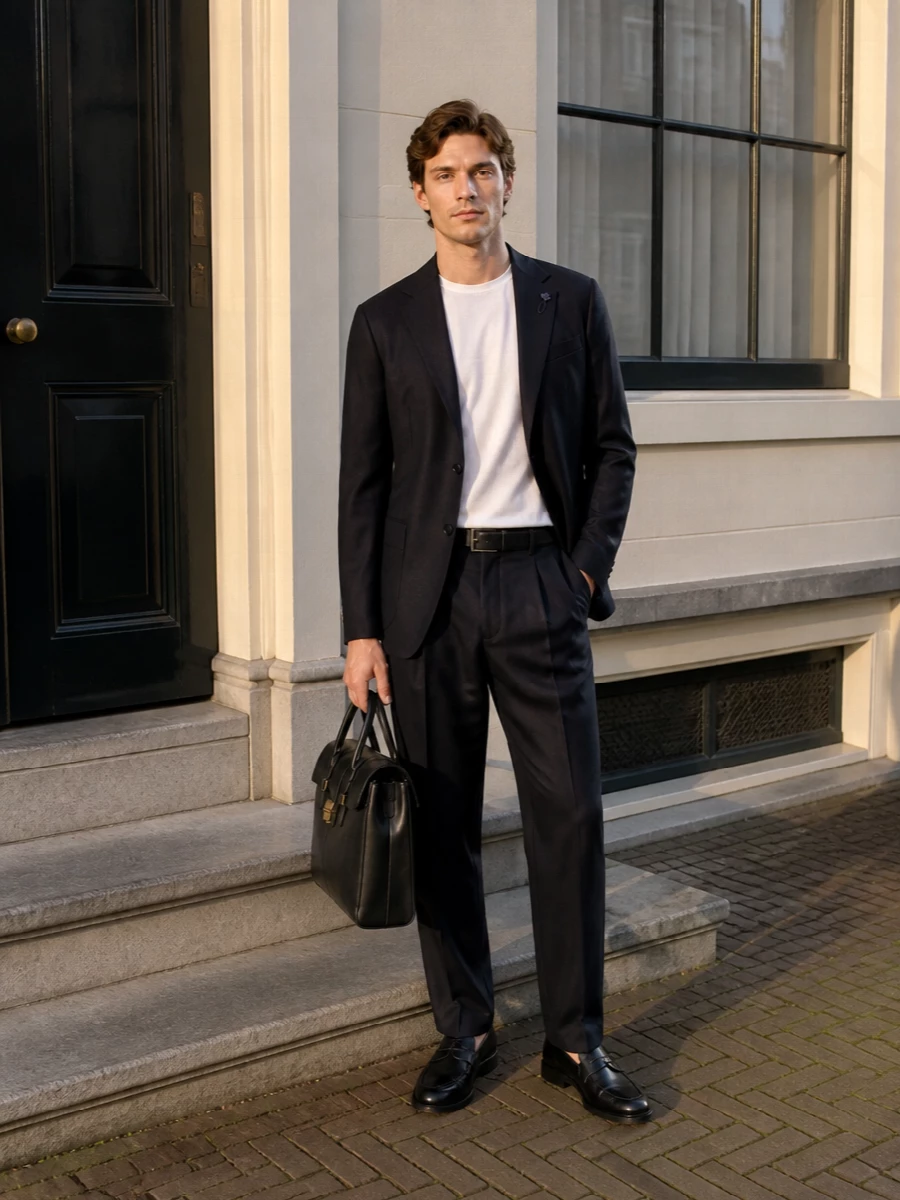 Lardini navy suit tods black penny loafers