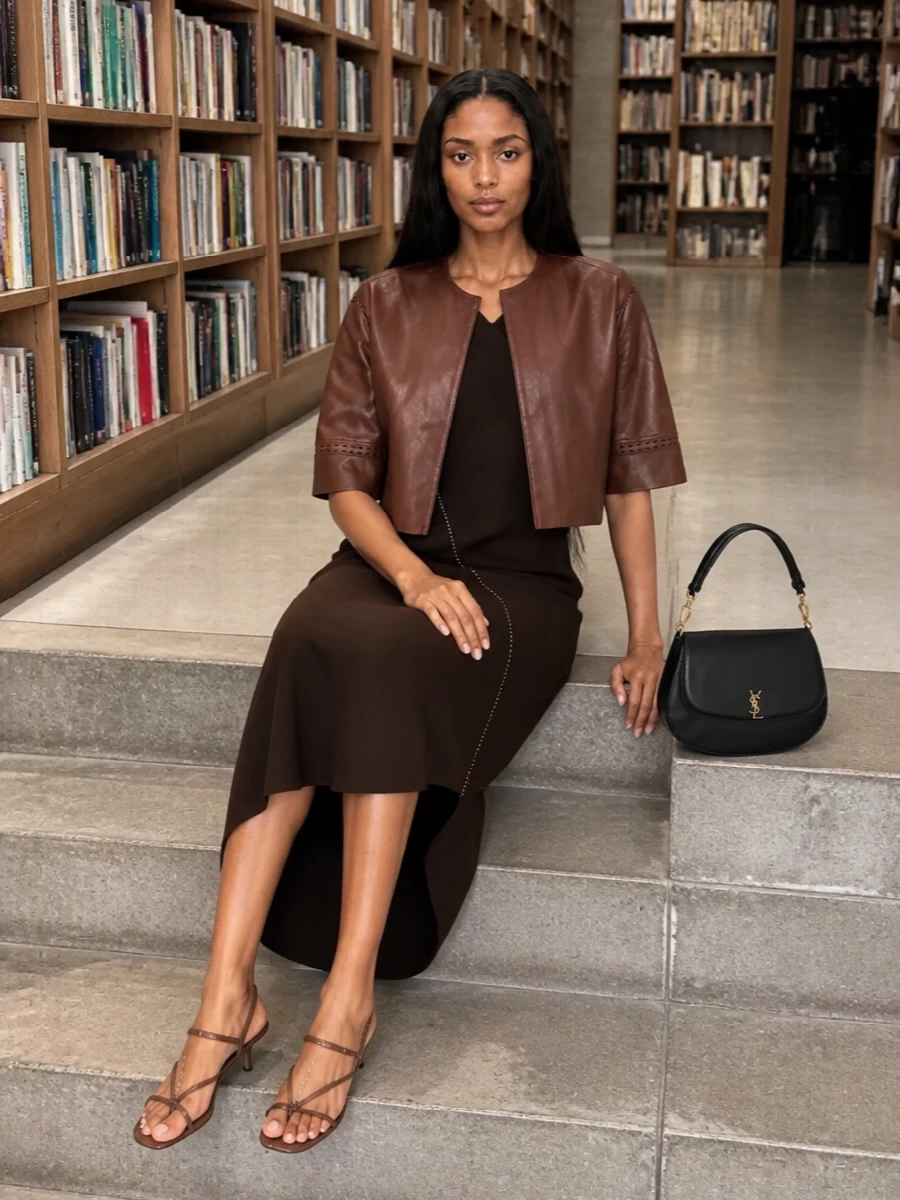 Yves salomon jacket jil sander brown midi dress