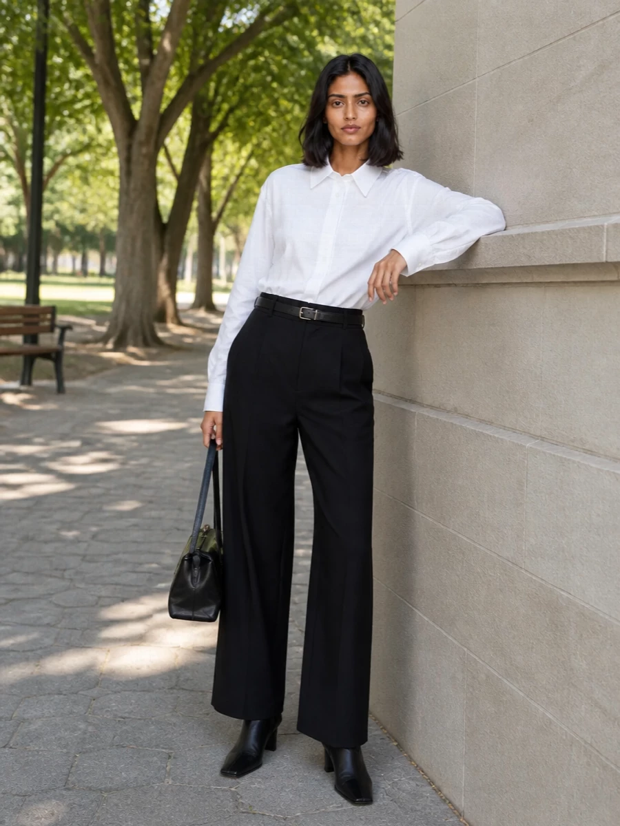 Jil sander white shirt black wide leg trousers