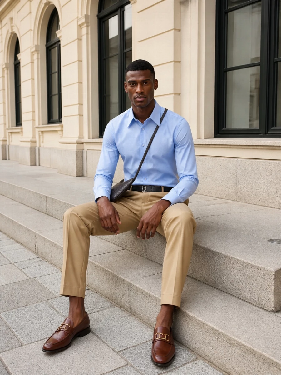 Camel Valentino trousers grounded with the light-blue structured shirt create a quintessential modern business-casual uniform—crisp, minimal and subtly architectural. Chestnut-brown loafers and a dark chocolate Bottega crossbody warm the palette while a slim black belt keeps the line sharp, resulting in a quietly luxurious look that moves easily from office to dinner.