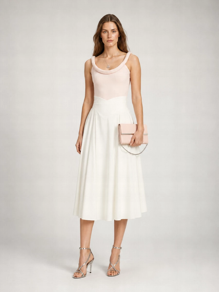 Blush and ivory stay centre stage, with liquid-silver sandals and a compact McQueen bag giving the dress a sharper cocktail energy. The proportions stay clean and column-like, so each metallic detail reads as considered rather than busy. A single sculptural pendant and a whisper-light scarf keep the romance modern, not saccharine, perfect for summer weddings or late terrace dinners.