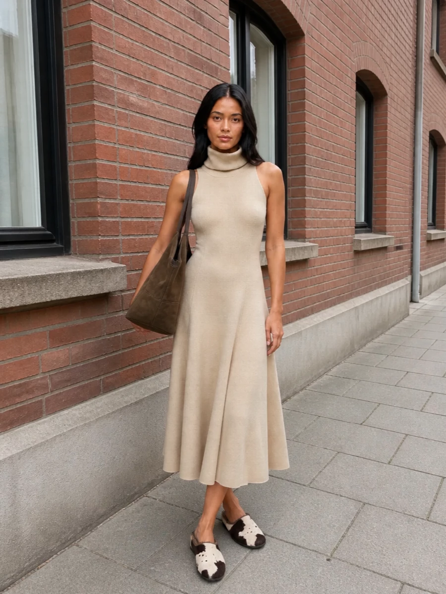 I’m anchoring the mules with the Magda Butrym halter knit midi, so we stay in a single, sculpted knit column rather than breaking the line with separate top and trouser volumes. The warm beige dress lets the cow-print haircalf stay playful but not loud, keeping the mood cocooned and quietly sensual. Brunello Cucinelli’s suede tote brings in another deep, earthy note that feels plush yet restrained, rounding out a polished, lounge-meets-city ensemble.