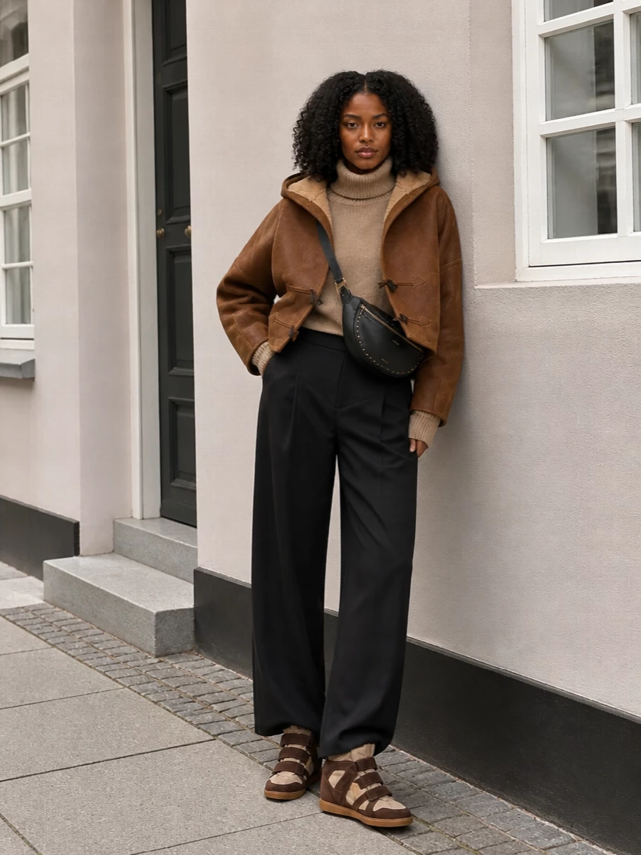 I’m building this around the coat as true outerwear, so a knit plus trouser route feels more authentic and wearable than forcing a dress under such a cropped, sculptural piece. The camel turtleneck and black wide-leg trouser create a clean, elongated base, while the wedge sneakers and studded belt bag push the entire outfit into modern Parisian streetwear without losing its quiet-luxury polish. It is an easy city-uniform combination that feels plush, practical, and visually balanced from hood to hem.