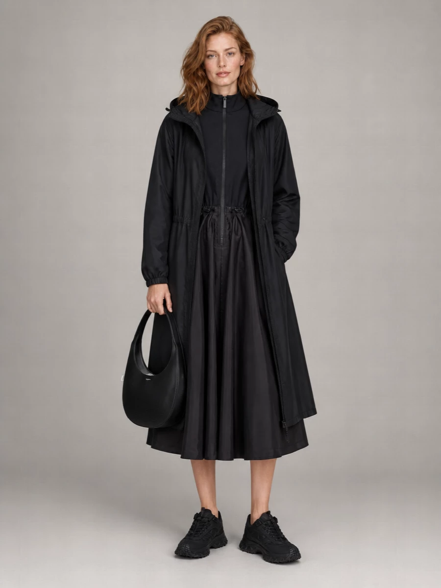 Moncler Nylon Hooded Ruched Mid-Length Parka Coat