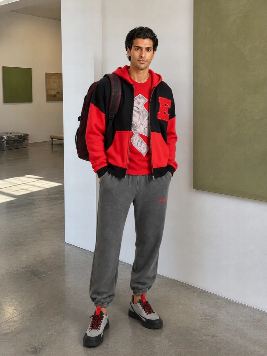 Erl varsity hoodie charcoal joggers outfit