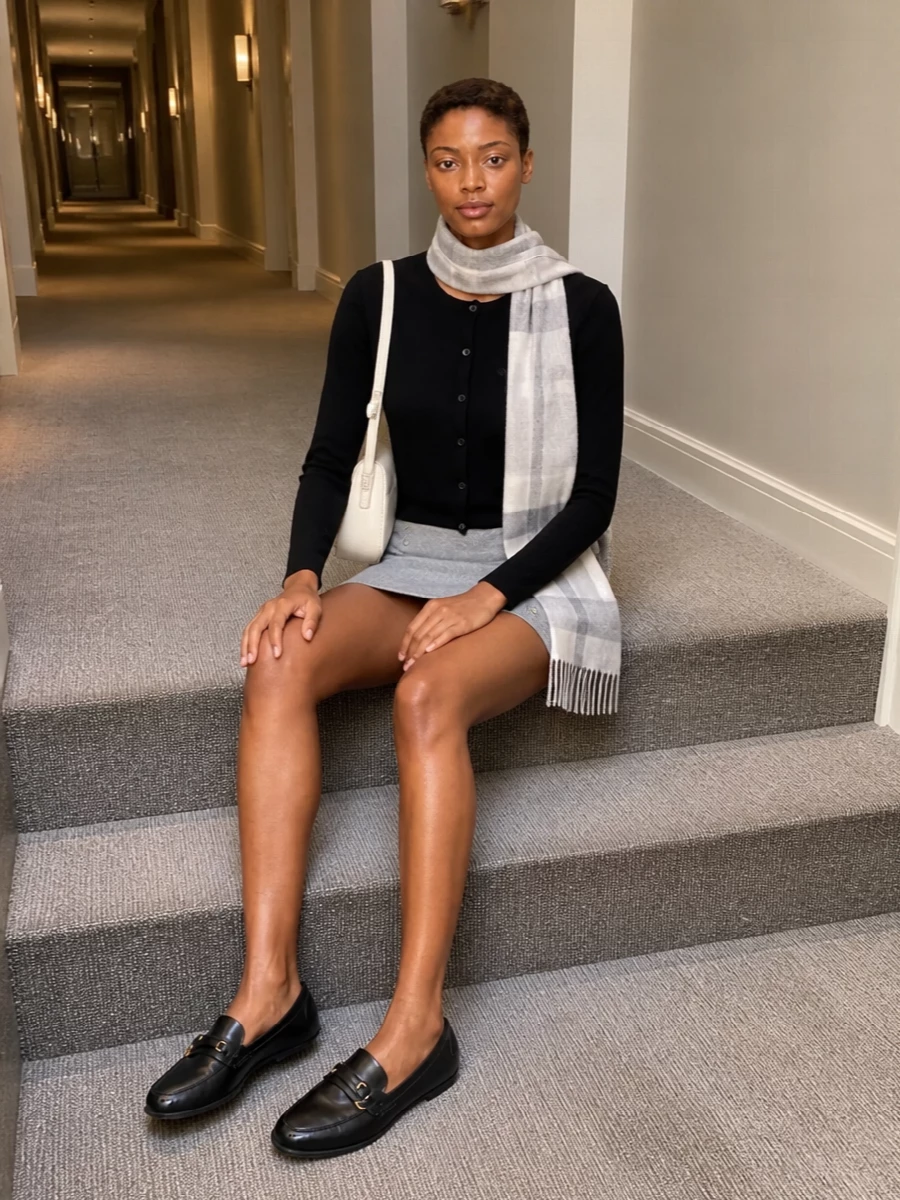 A slim black cardigan sits cleanly over a high-waisted heather grey mini, creating a neat, collegiate line from shoulder to hem. Black leather loafers keep the mood quietly academic rather than dressy, while a cream baguette bag and soft neutral check scarf lighten the palette just enough for daytime. The result is a polished, minimal preppy outfit that feels right for everything from seminars to city walks in cooler weather.