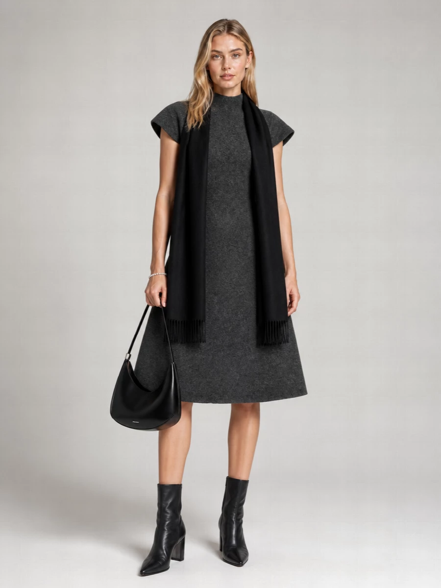 Jil Sander Virgin Wool Mock Neck Short Sleeve A-Line Knee-Length Dress