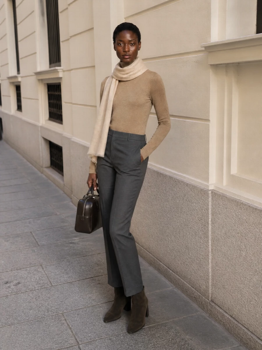 Brunello cucinelli camel sweater charcoal trousers
