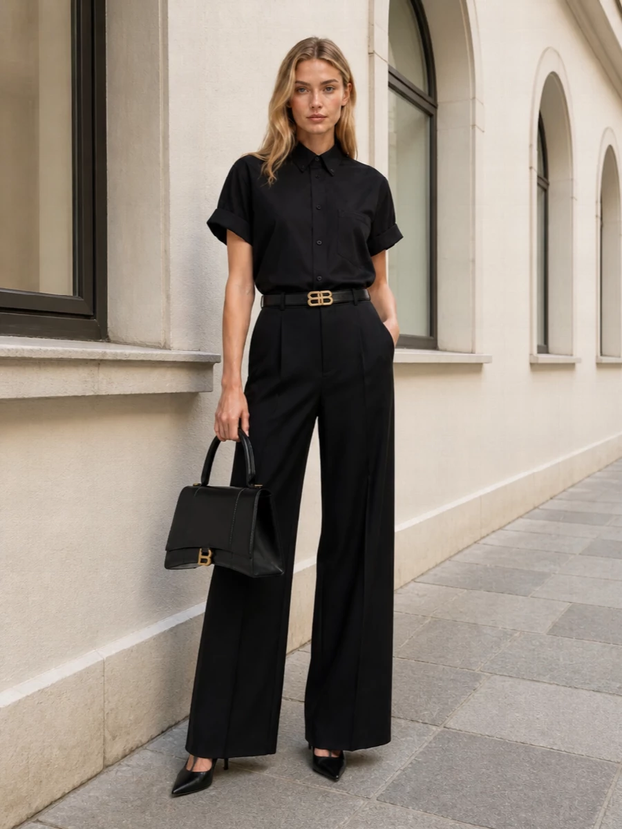 Balenciaga black shirt wide leg trousers heels