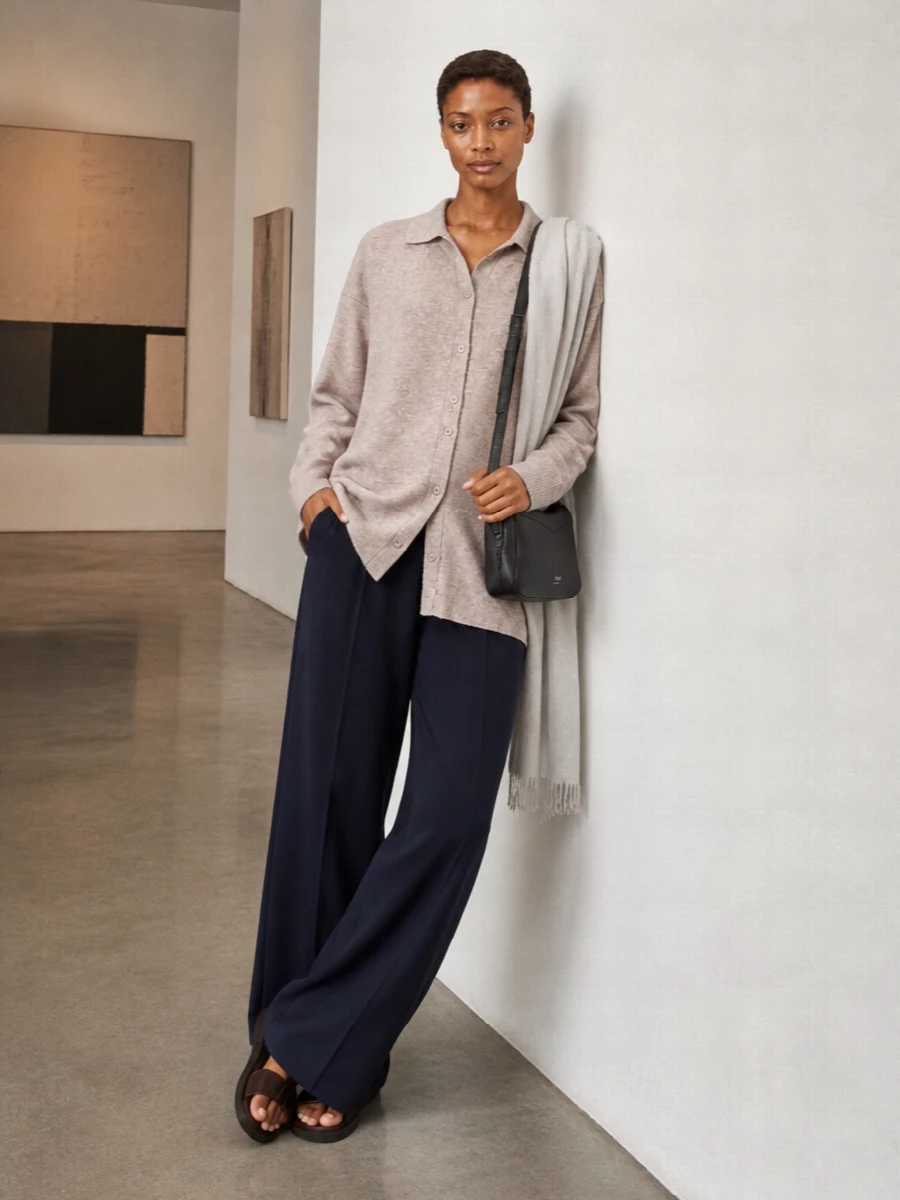 Max mara navy wide leg trousers beige knit shirt