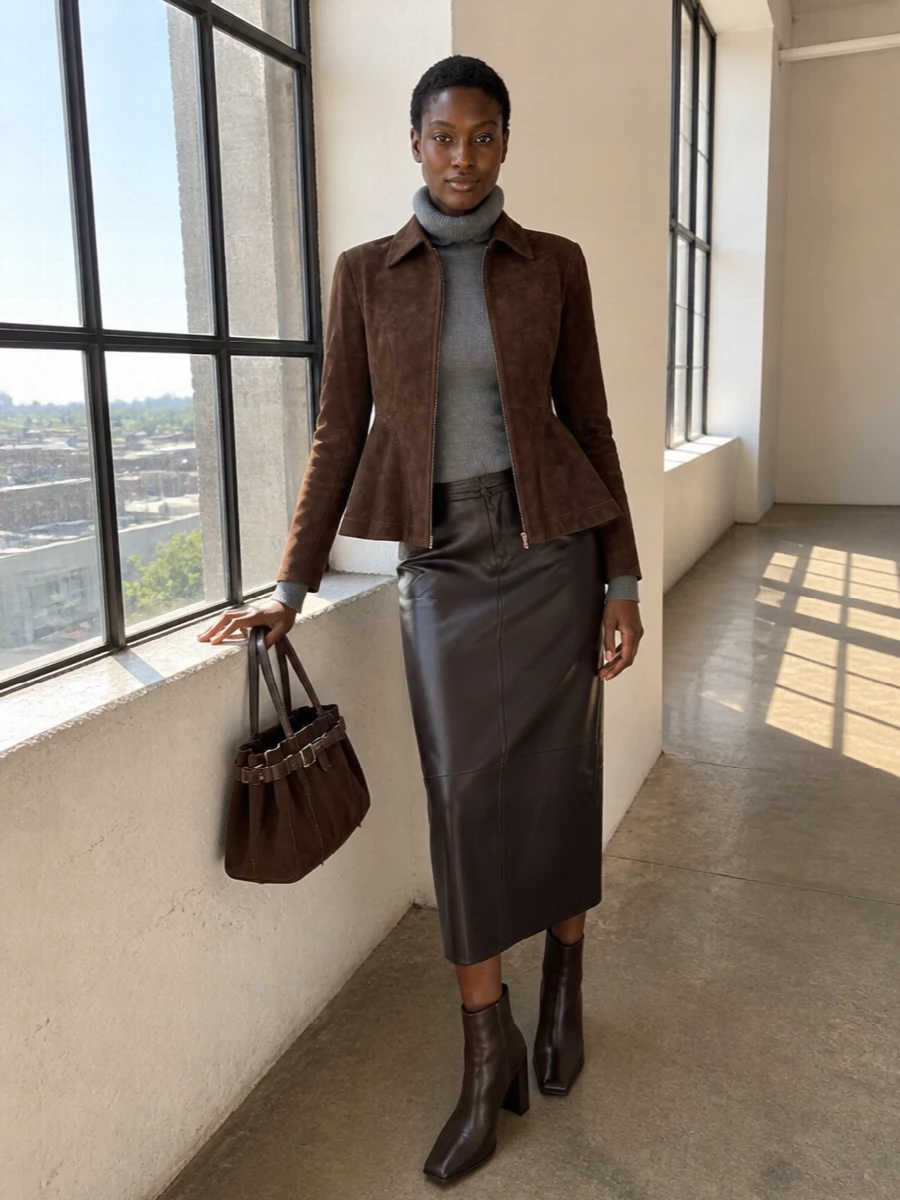 Alaia suede jacket leather pencil skirt outfit