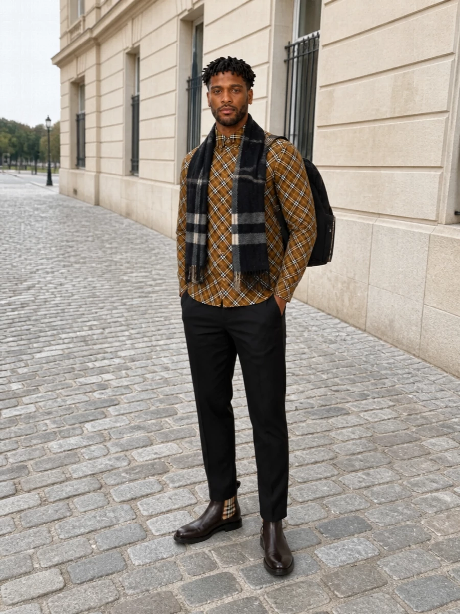 Burberry camel check shirt black chinos boots