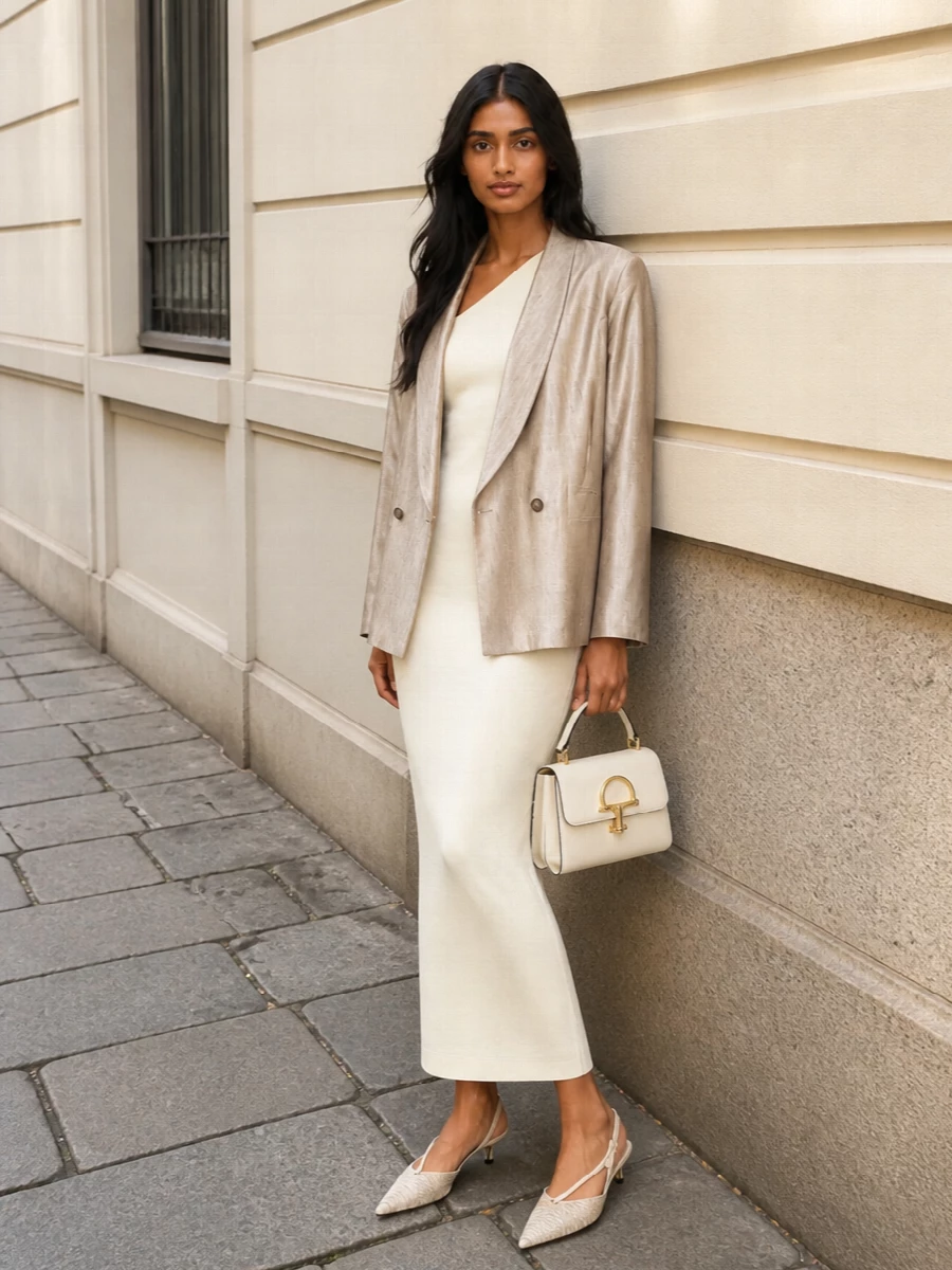 I’m styling the Armani satin blazer over the buttercream Gucci one-shoulder column, so you get an ultra-clean neutral evening ensemble with a subtle play of textures rather than competing tailoring. The nude slingbacks and ivory micro top-handle keep the line long and light, reading as a single, whisper-soft column of color. It feels ideal for warm-weather cocktails, gallery dinners or a modern formal event where you want precision without sharp contrast.
