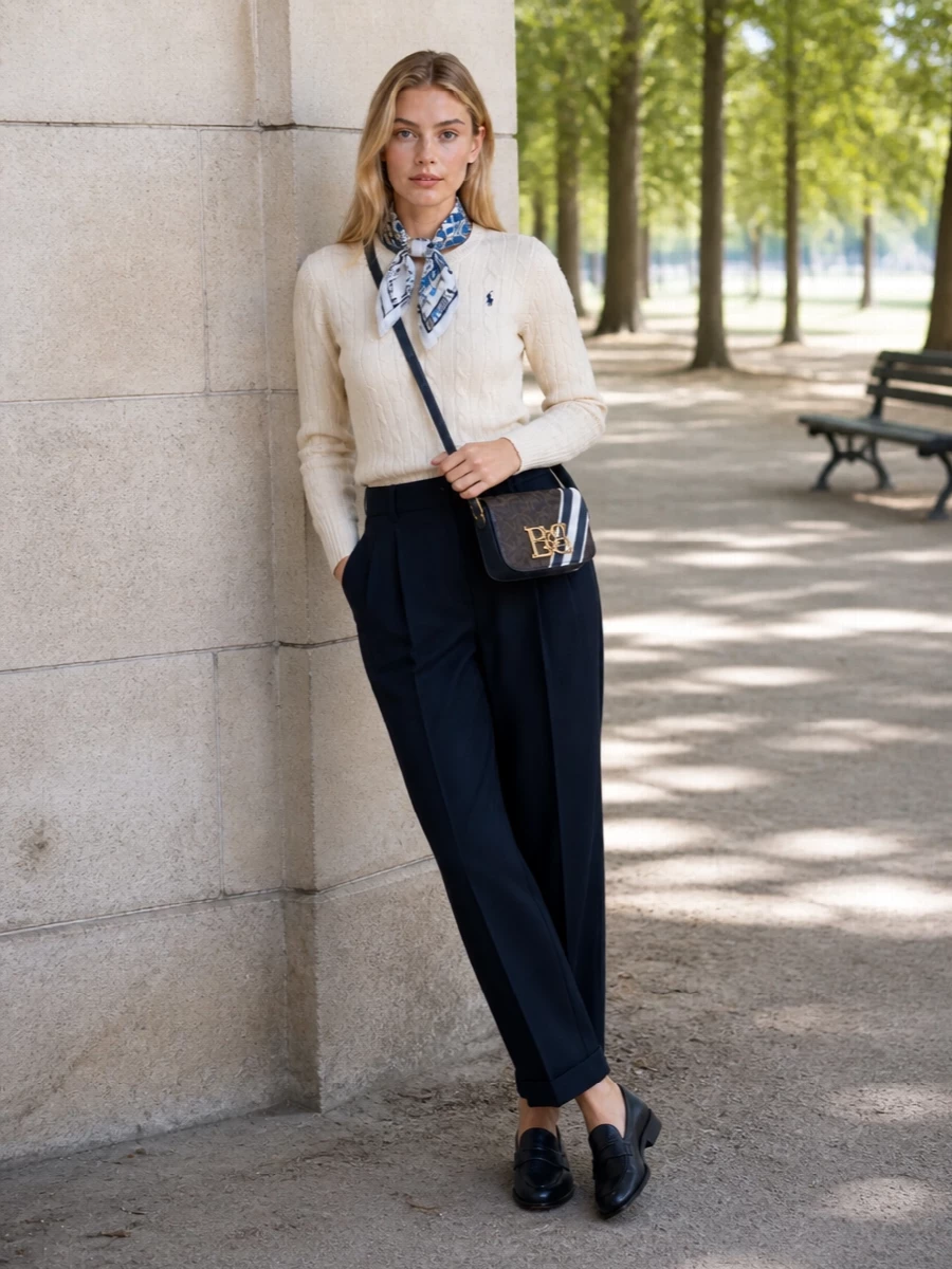 Ralph lauren cable sweater navy trousers outfit