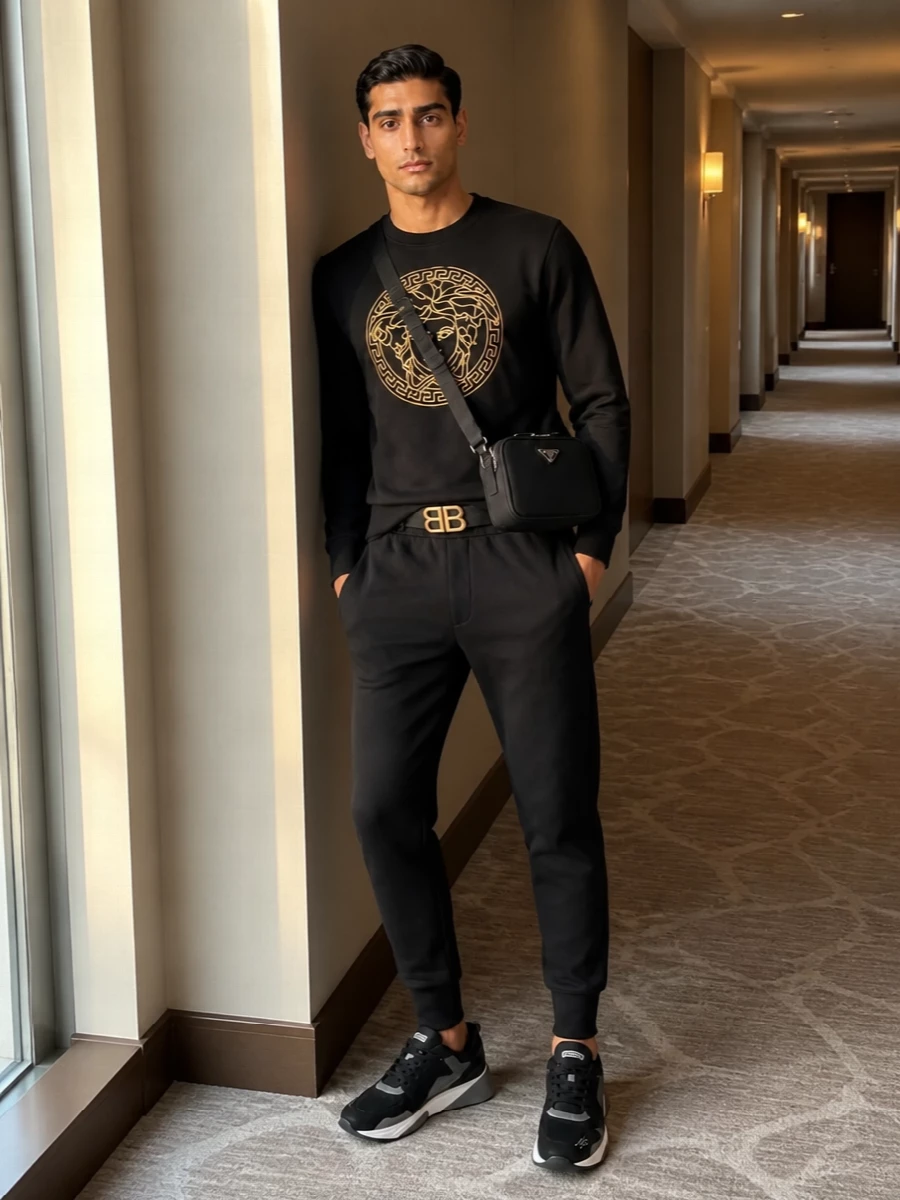 Versace medusa sweatshirt black joggers outfit