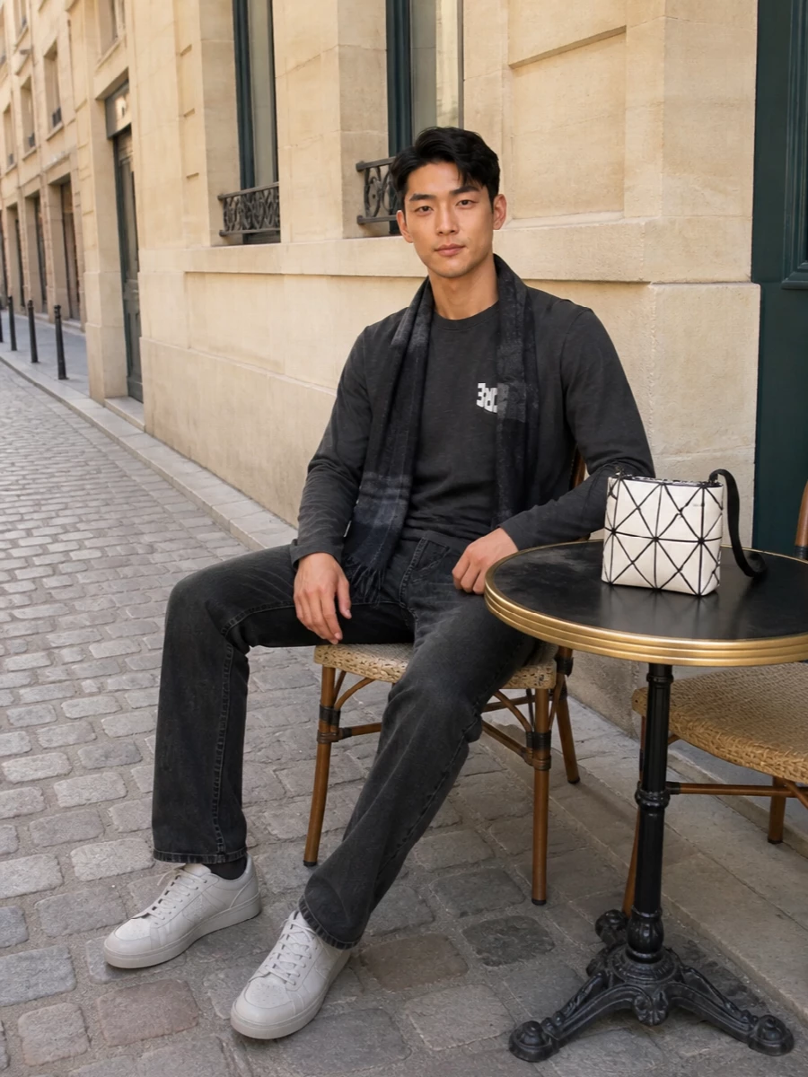 Courreges charcoal tee pt torino jeans arigato sneakers