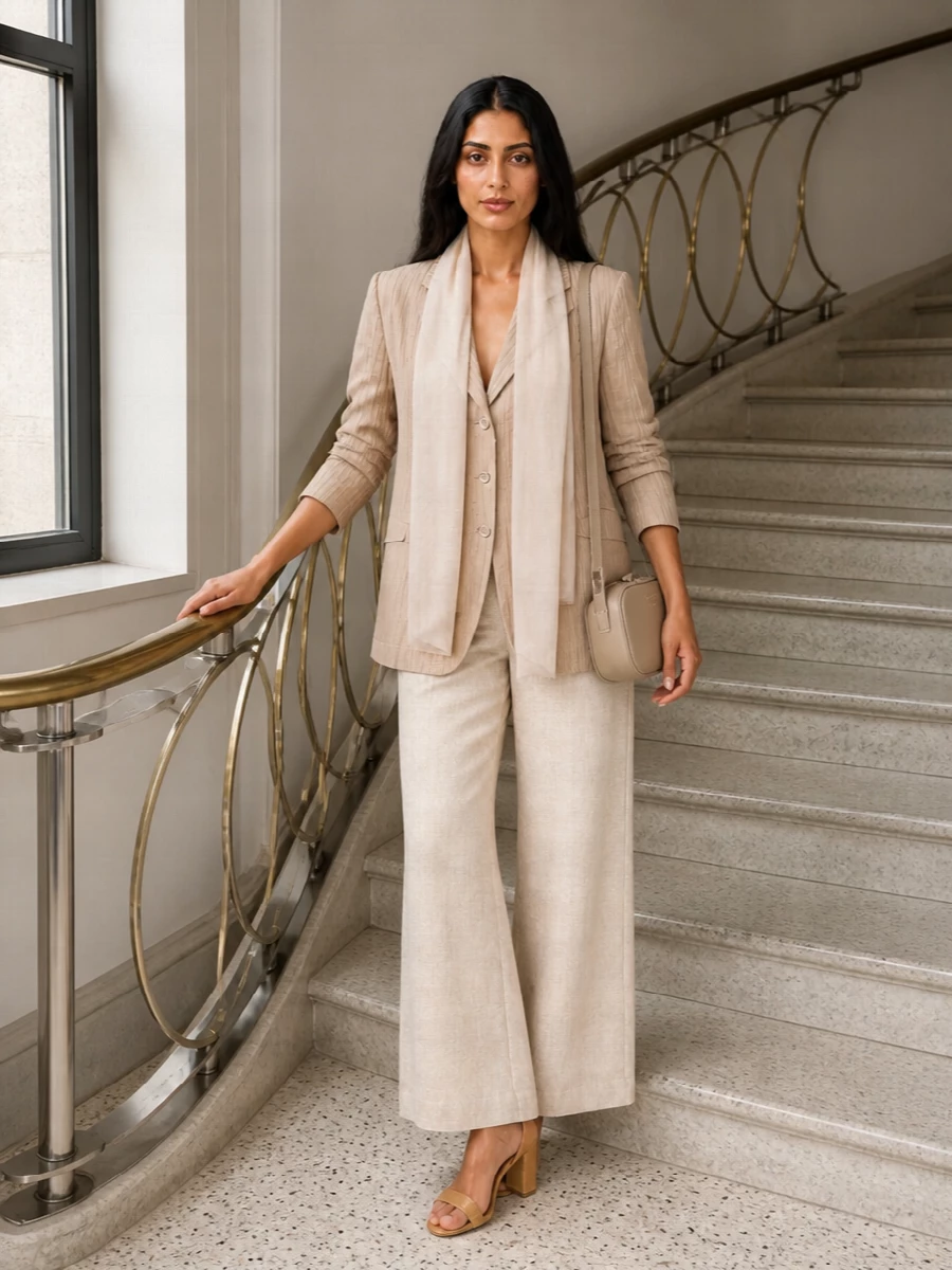 Emporio armani sand blazer wide leg trousers outfit