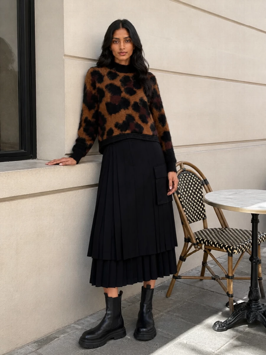 Sacai leopard sweater black pleated midi outfit