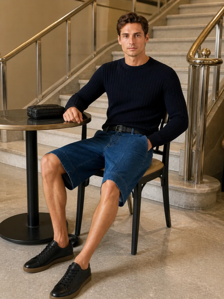 Bottega veneta denim shorts navy knit outfit