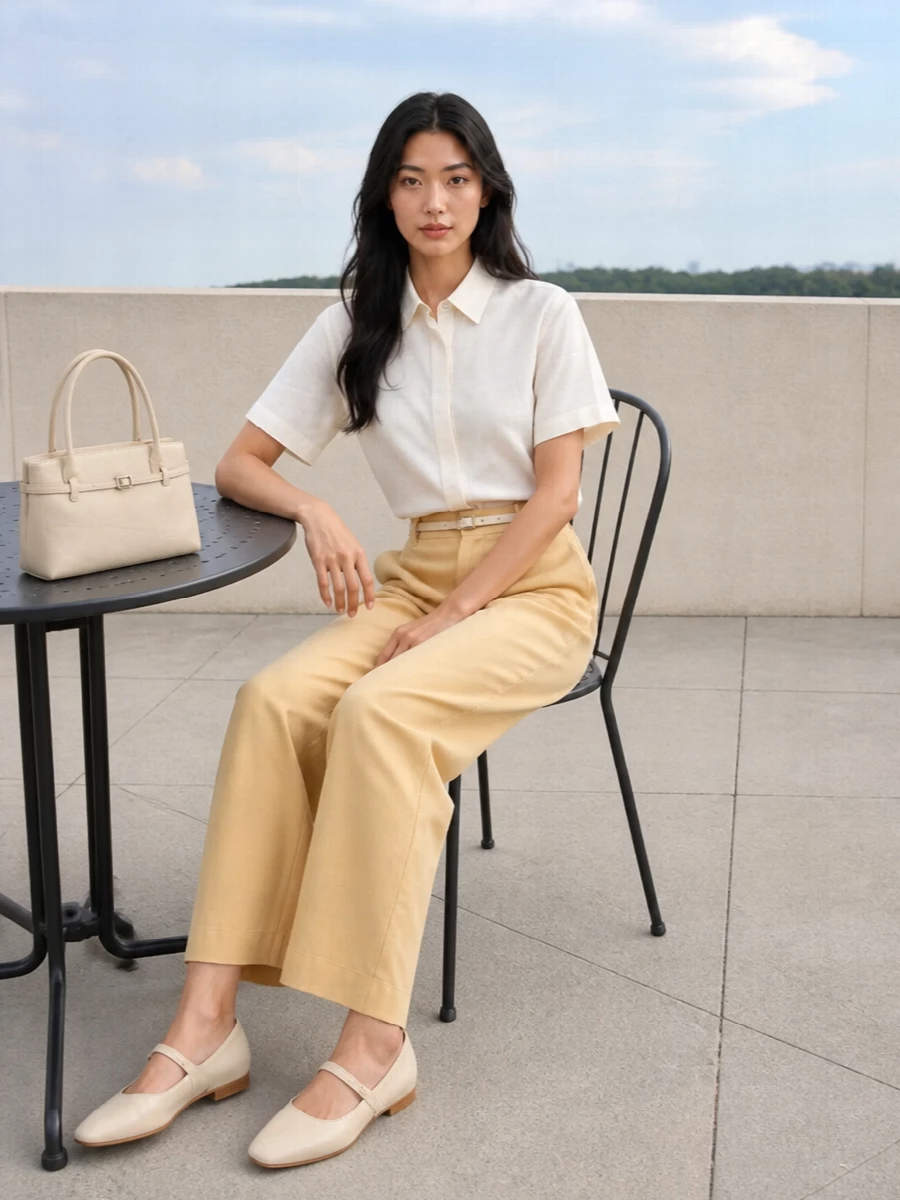 Alysi wide leg trousers ivory shirt cream flats