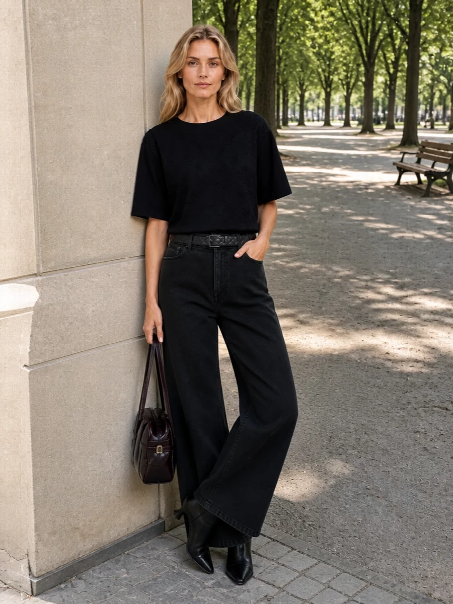 An all-Dries base in black focuses the eye on proportion, pairing the sculptural tee with a long, high-rise wide leg for an elongated, quietly confident line. The cone-heel ankle boots keep that architecture intact while the oxblood shoulder bag and quilted belt add just enough nuance to feel intentional rather than stark. It is minimal, polished and ready for anything from gallery afternoons to discreet evening dinners.