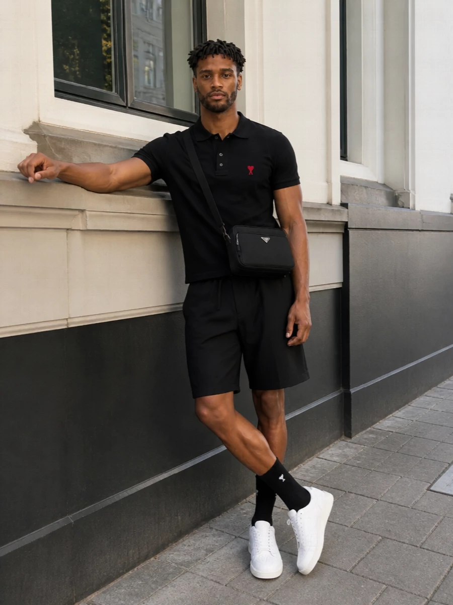 Ami paris black polo tailored shorts outfit