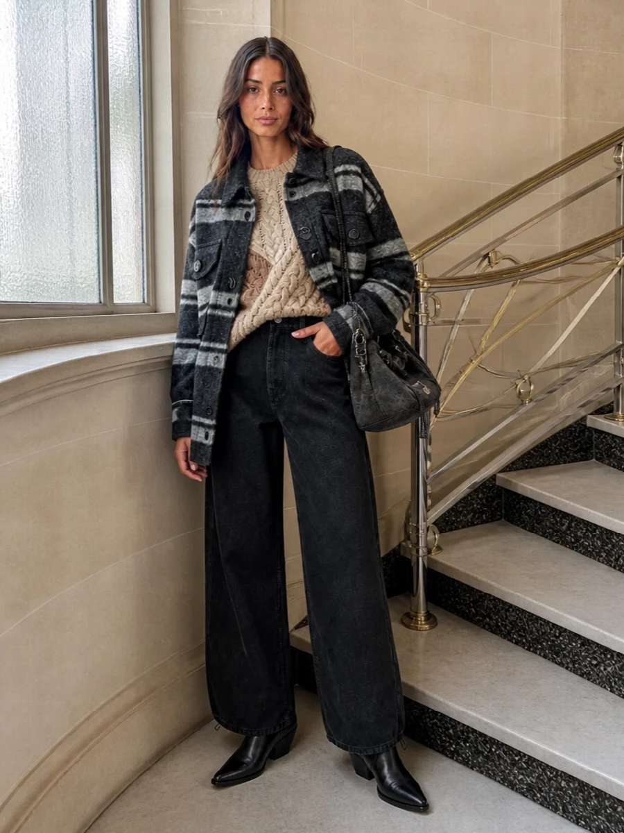 I skipped the dresses and built around denim to keep the striped shacket in its sweet spot of relaxed, off‑duty layering. The patchwork neutral knit warms up the charcoal stripes, while wide‑leg washed‑black denim and black western boots give a grounded, Paris‑meets‑workwear line. A quilted charcoal shoulder bag quietly ties the greys together so the whole outfit feels cohesive, textural and winter‑ready without losing ease.