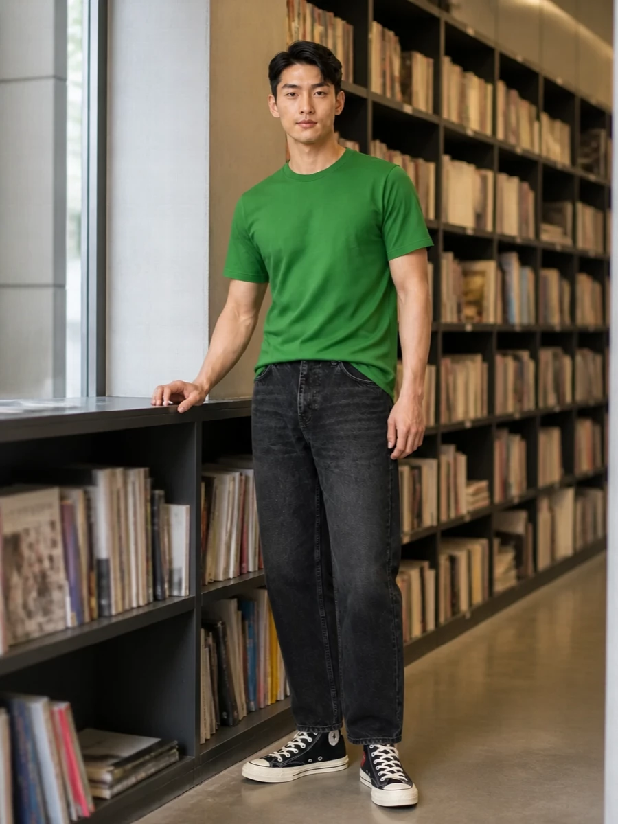 Grass green on top grounded by washed black denim keeps the palette sharp yet unfussy. Black CDG hi-tops and a graphic tote lock in a clean streetwear uniform, with ribbed black socks adding a small but considered finish. It is easy to wear all day, but the details read intentionally put together.