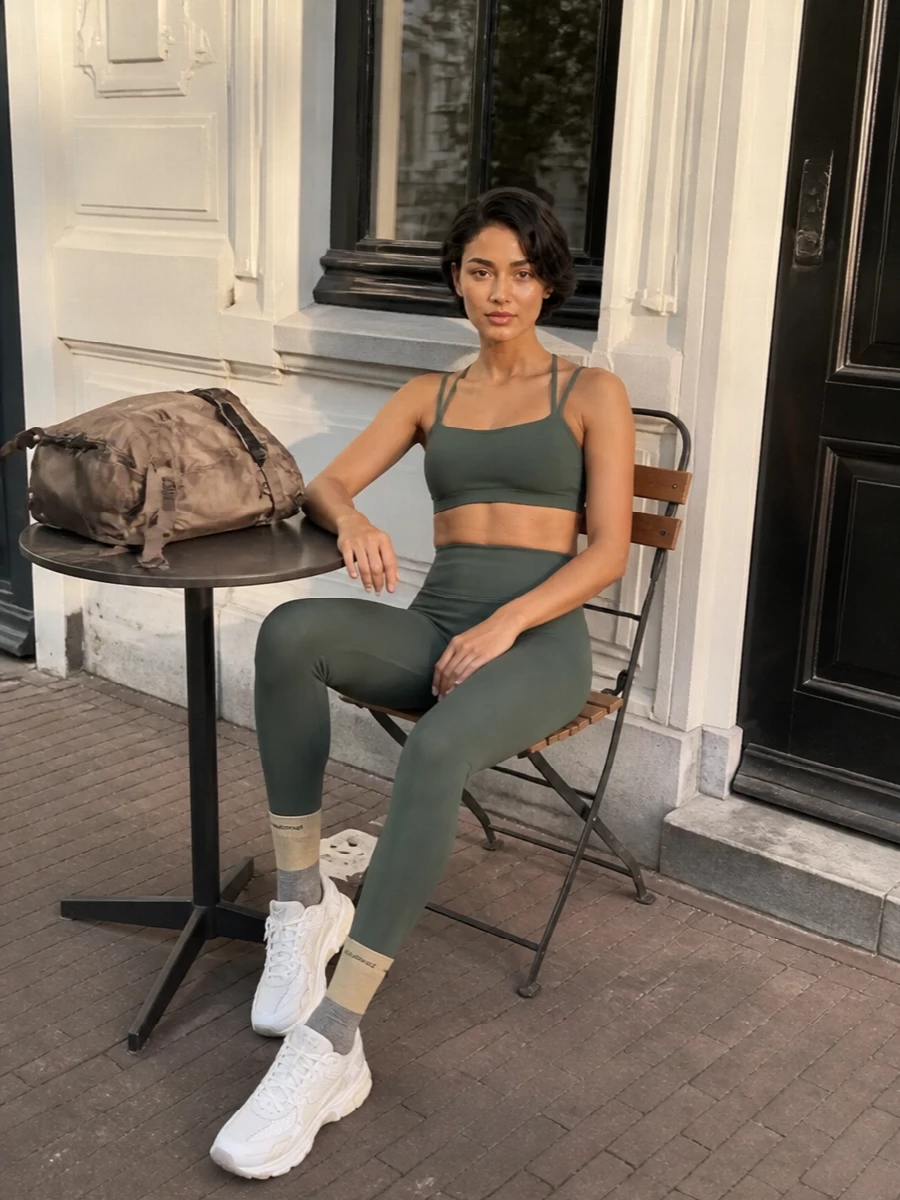 Nike olive leggings outfit neutral sneakers