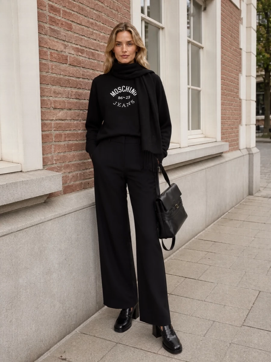Moschino black knit wide leg trousers outfit