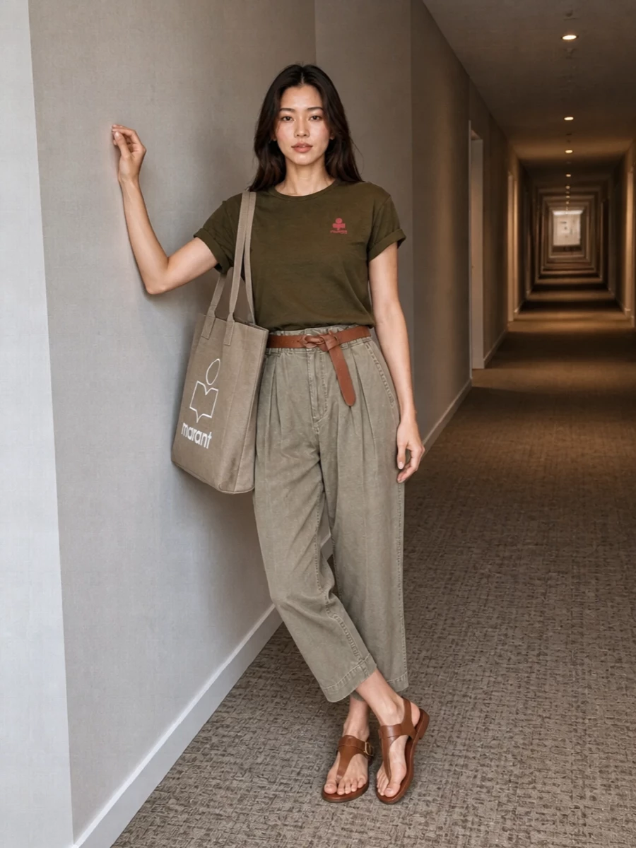 Isabel marant olive tee taupe cropped pants sandals