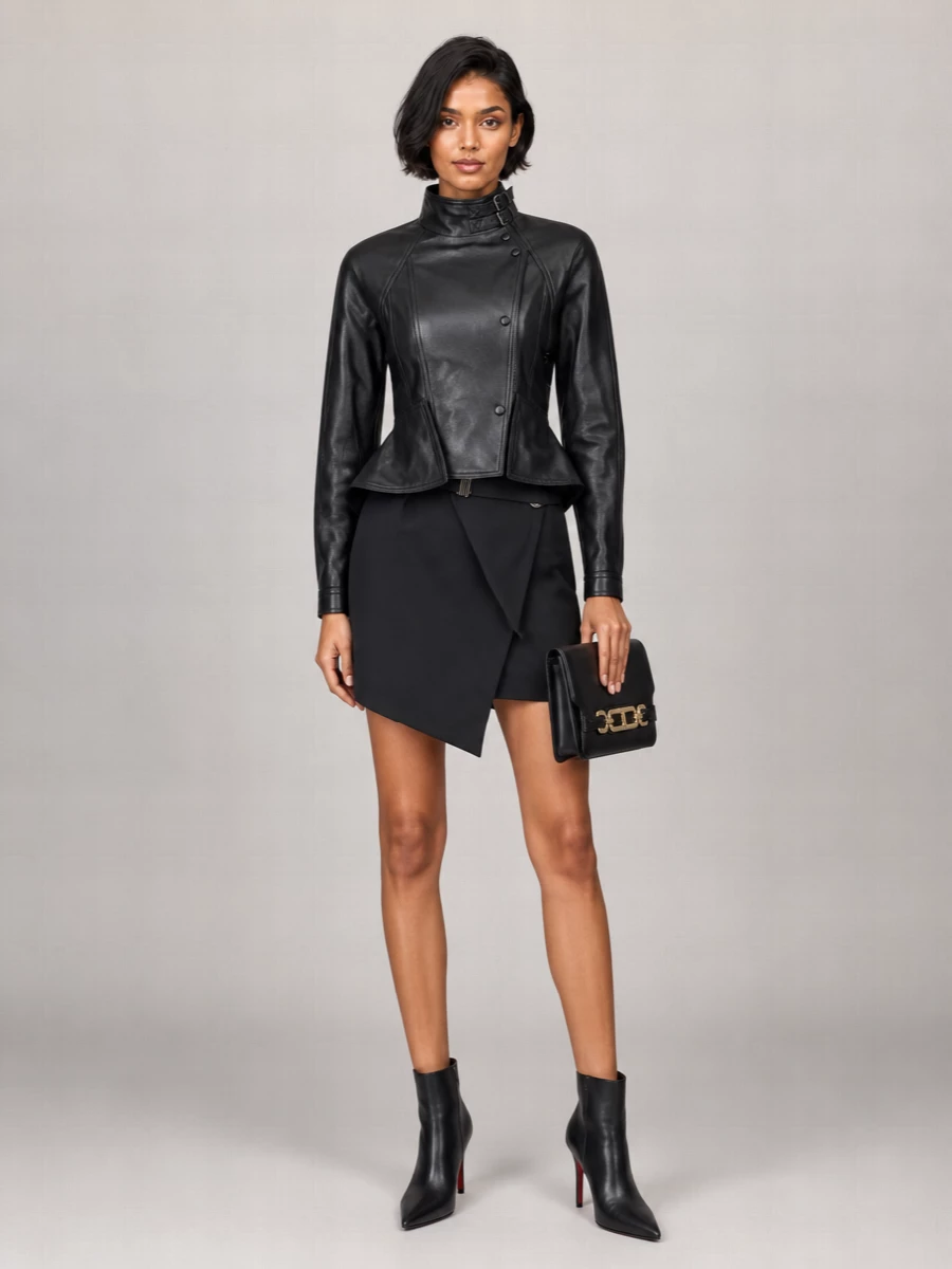 Balmain Lambskin Asymmetric High Neck Jacket