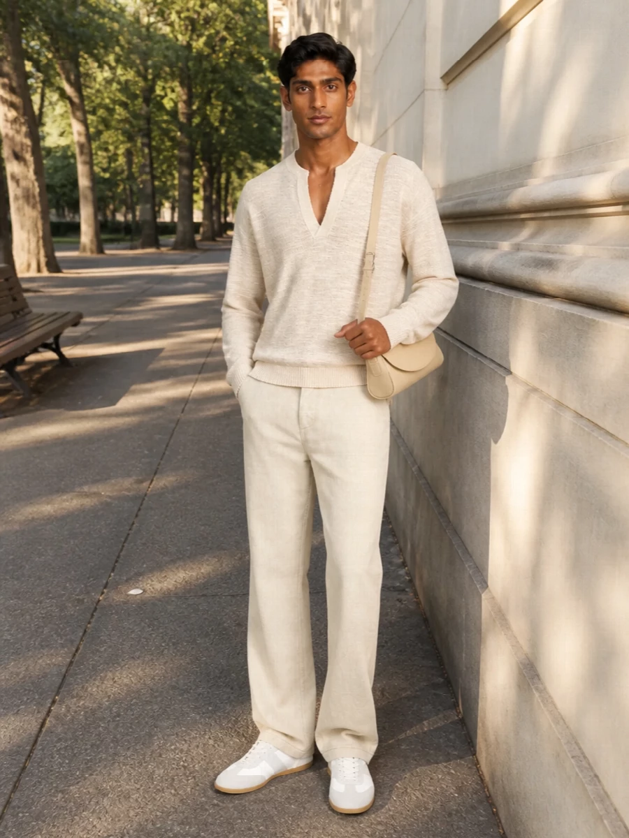 Creamy neutrals stay central, with the textured V‑neck falling neatly over relaxed light‑beige trousers for a quiet, sun‑washed column. Off‑white Margiela sneakers keep the mood clean and relaxed, while the slim Jil Sander shoulder bag adds a soft architectural note without disturbing the ease. The result is polished, minimal day dressing that feels calm and intentional from coffee runs to unhurried dinners.