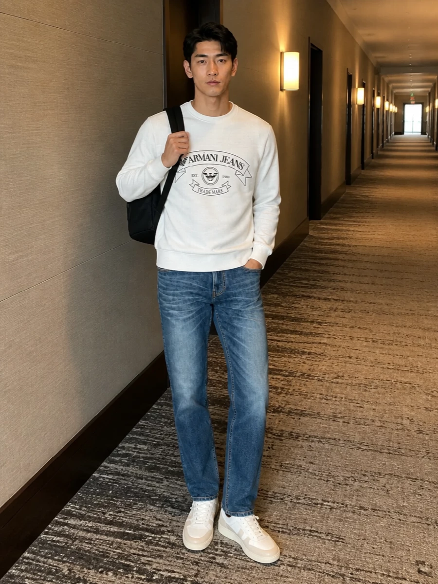Emporio armani sweatshirt jeans sneakers outfit